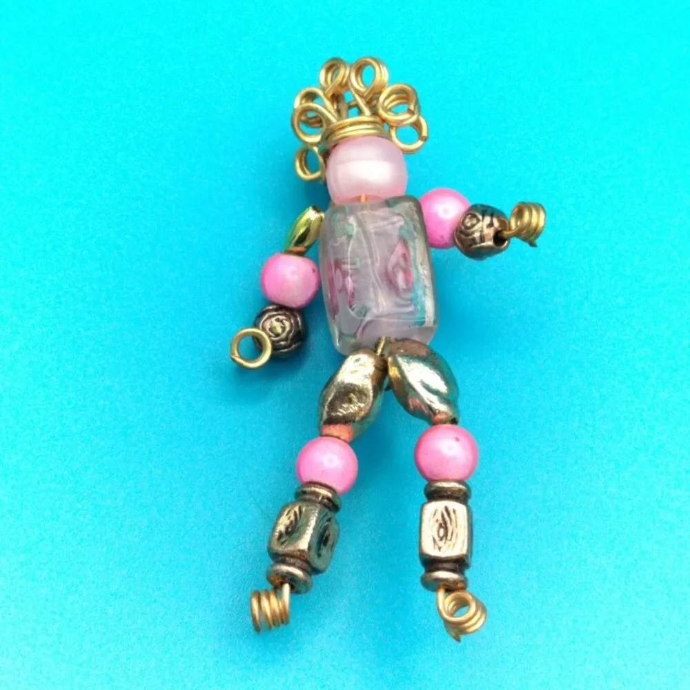Handmade Beaded Doll Brooch Pink Gold Wire Art Pin Vintage Style 2.5” Jewelry